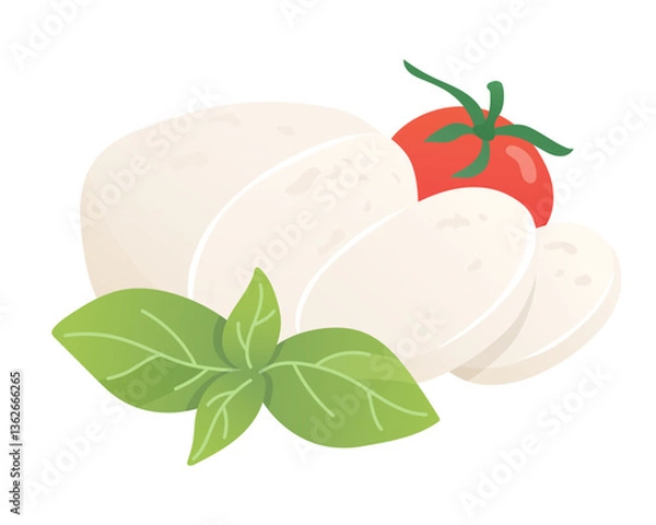 Fototapeta Mozzarella cheese with tomato and basil. Soft white cheese cut piece. Organic farm food. Design element, cartoon flat illustration for logo, poster, menu. Isolated on white background.  