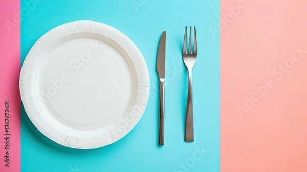 Fototapeta A top-down view of a white plastic disposable plate on a bright table setting, ready for use.