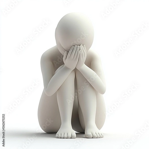 Fototapeta A 3D render of a person sitting alone, head in hands, conveying feelings of sadness and despair.