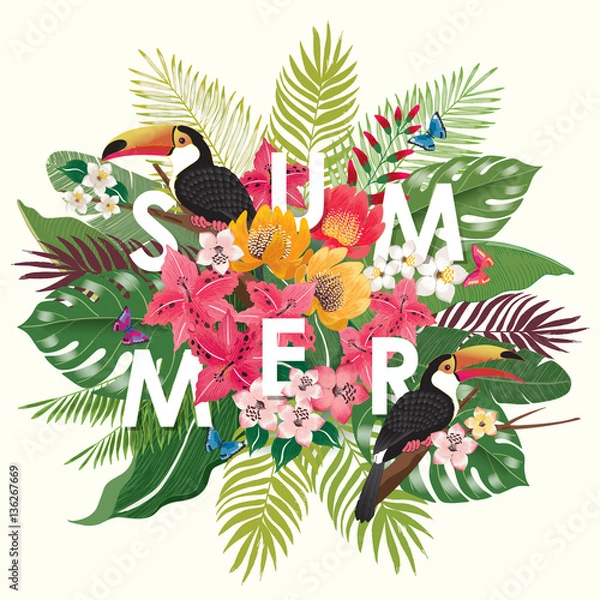 Fototapeta  Vector illustration of tropical flowers in summer with birds and butterflies for wedding invitations and birthday cards and background. 				
