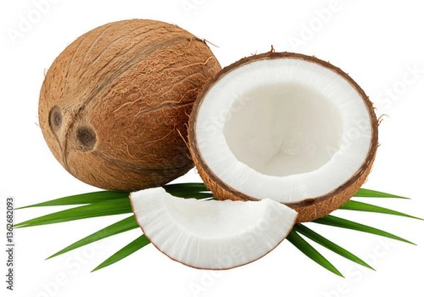 Fototapeta A whole coconut with rough brown fibrous shell, a halved coconut with palm leaves isolated on transparent background