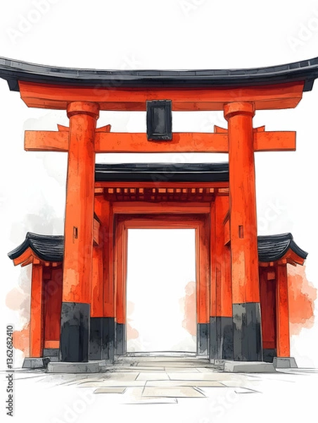 Fototapeta Orange and black Japanese Torii gate illustration with stone path entrance on white background