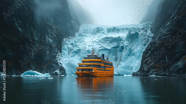 Fototapeta Orange boat cruises glacial waters surrounded by tall cliffs on an overcast day