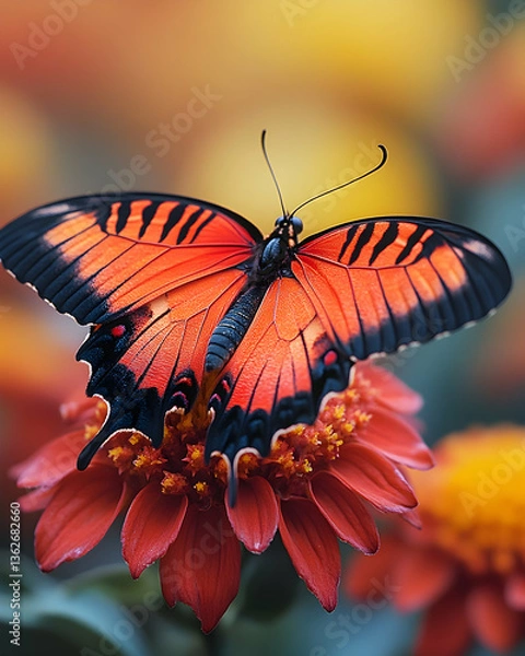 Fototapeta Orange butterfly rests on a red flower