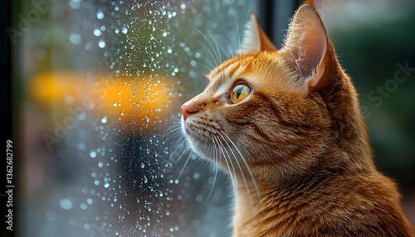 Fototapeta Orange cat looks through the rain covered window, with wide eyes