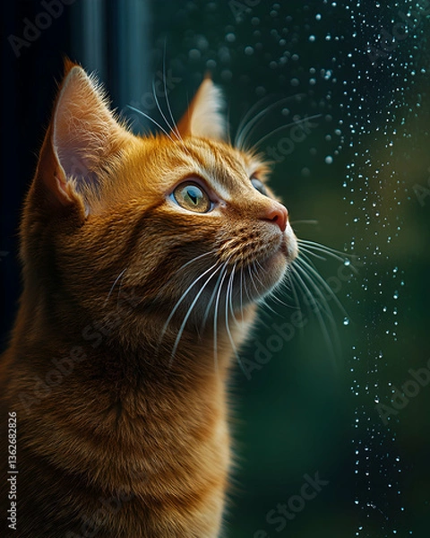 Fototapeta Orange cat stares up at water droplets on window