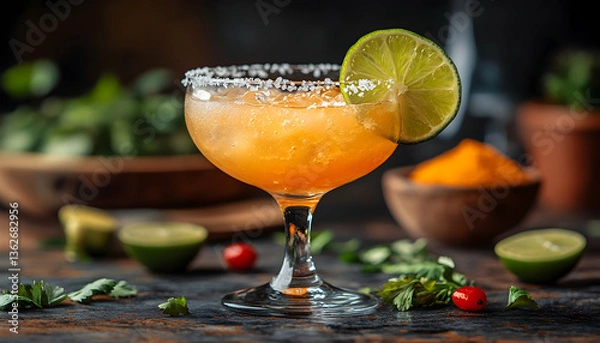 Fototapeta Orange cocktail with lime and salt rim