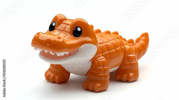 Fototapeta Orange, cute alligator toy with big eyes and white belly on a white background