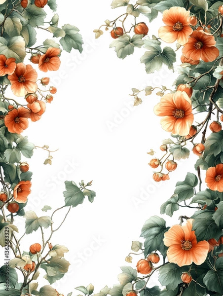 Fototapeta Orange floral frame with vines, berries, and green leaves on a white background