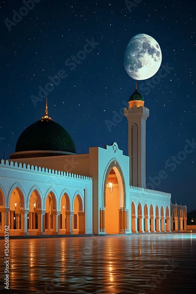 Fototapeta Mosque shines under night moon with lit arches against dark starry sky