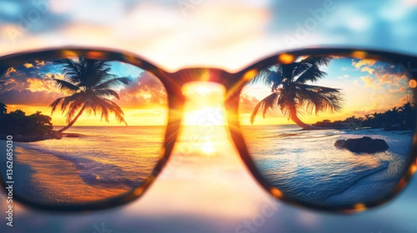 Fototapeta Clear vision through glasses reveals a stunning sunset on a tropical beach with palm trees in perspective