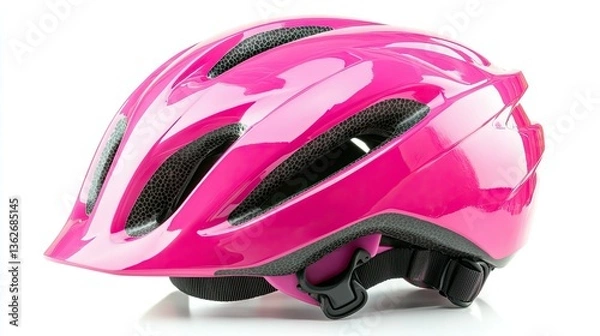 Fototapeta Bright pink kids' helmet, made for safe riding on bicycles, roller skates, and skateboards, featuring a strong clasp, isolated on white.