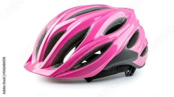 Fototapeta Children's pink bicycle helmet, featuring a sturdy outer shell, breathable design, and a secure clasp, isolated on a white background.