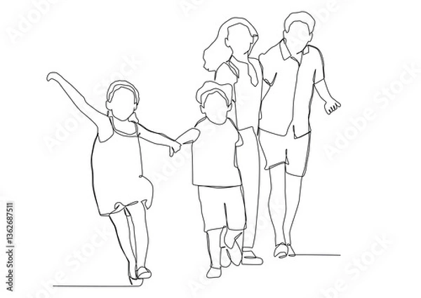 Fototapeta continuous one line drawing of happy family running.