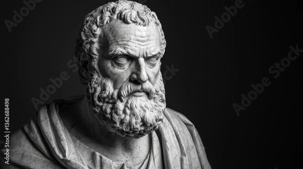 Fototapeta Ancient marble bust of a philosopher with beard against a black background