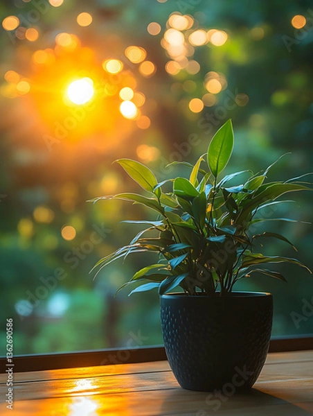Fototapeta Plant on a sill with bokeh lights, soft focus, golden hour