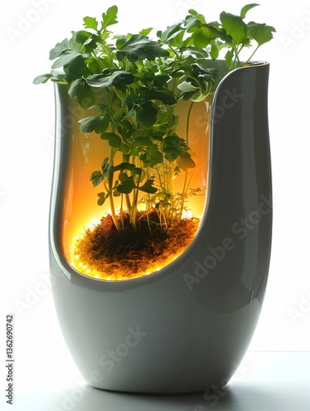 Fototapeta Plant sprouts inside a vase with built-in light on white background