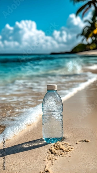 Fototapeta Plastic water bottle on sandy beach, turquoise sea, sunny day