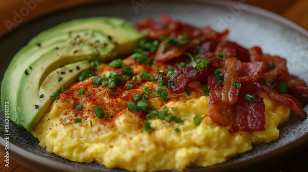 Fototapeta Plate of scrambled eggs with avocado and bacon bits