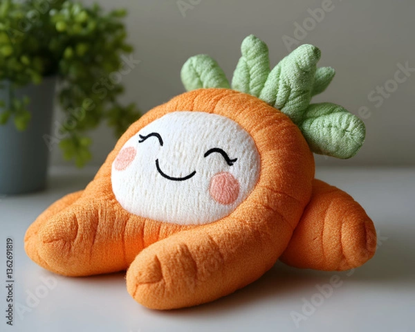 Fototapeta Plush carrot toy with cute face, green leafy top, and a plant in the background
