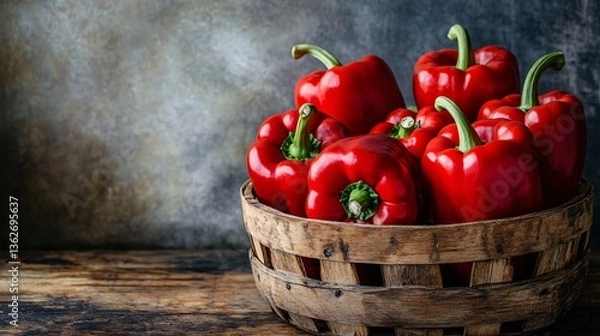 Fototapeta Fresh and Vibrant Red Bell Peppers in Rustic Wooden Basket - Healthy Farm Harvest Concept
