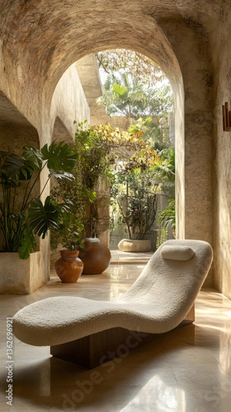 Fototapeta Plush chaise lounge sits in a naturally lit archway surrounded by plants