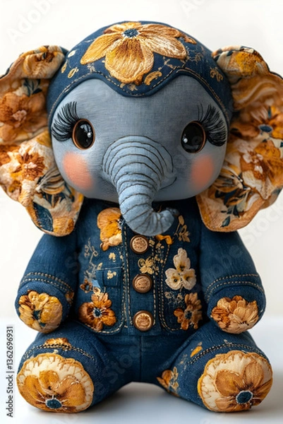Fototapeta Plush elephant doll with floral patterns, large eyes, and button details sits upright