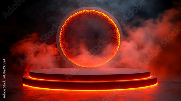 Fototapeta Podium with a neon circle and hazy red smoke