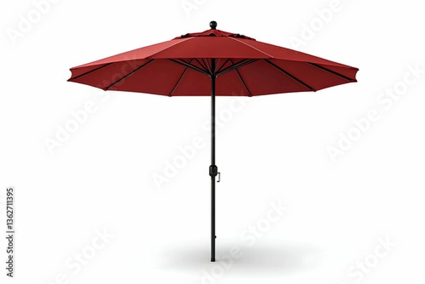 Fototapeta Red patio umbrella with dark pole, casting a shadow on a white background