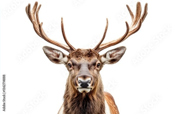 Fototapeta Buck with impressive antlers stands in front of white background during daylight, showcasing its majestic features and alert expression
