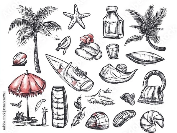 Fototapeta Summer vacation doodle style illustration set Vector ink hand drawn coastal sea or beach leisure and surf activities print elements Sea weekend rest collection for invitations to b