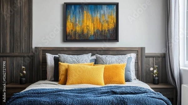 Fototapeta Cozy and inviting home interior with a colorful abstract framed artwork, plush textiles, and wooden details. --chaos 20 --ar 16:9 --quality 2 --v 6.1 Job ID: 1cca65db-3dd5-48ea-bdd5-959b0f3ed190