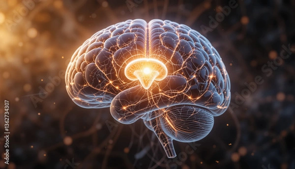 Obraz human brain with light bulb - pineal gland - Generative AI