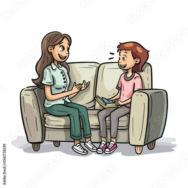 Fototapeta Two Friends Chatting on a Couch – Cartoon Style