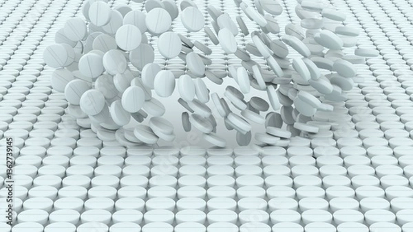 Obraz Dynamic burst of white round tablets breaking through a seamless pattern surface in medical themed abstract background with scattered pill motion