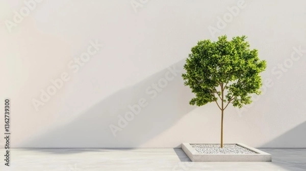 Fototapeta Bare minimalist courtyard with a singular sculptural tree in a gravel bed, creating a meditative space