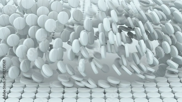 Fototapeta Chaotic motion of falling white round tablets over a disrupted seamless surface of pills in medical concept background with scattered elements