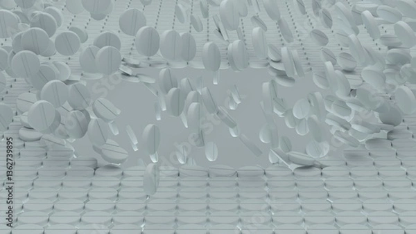 Fototapeta Large number of white tablets falling into a deep broken area in structured pill grid forming an abstract medical background with sense of collapse and disorder