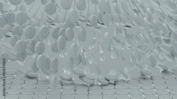 Fototapeta Mass of white tablets falling into deep crater formed in compact pill grid with layered motion and abstract medical concept background