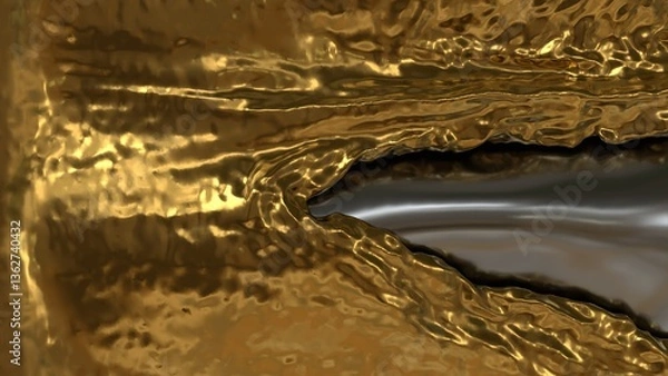 Fototapeta Flowing gold surface bending into a dark liquid metallic cavity with high contrast textures and abstract reflective waves in horizontal composition