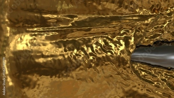 Fototapeta Glossy golden texture converging into narrow silver metallic stream with fluid reflective waves and warm tone abstract composition