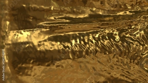 Fototapeta flowing gold surface with deep sculptural texture and horizontal ripple patterns in warm reflective metallic abstract background