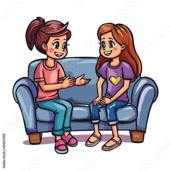 Obraz Two Friends Chatting on a Couch – Cartoon Style