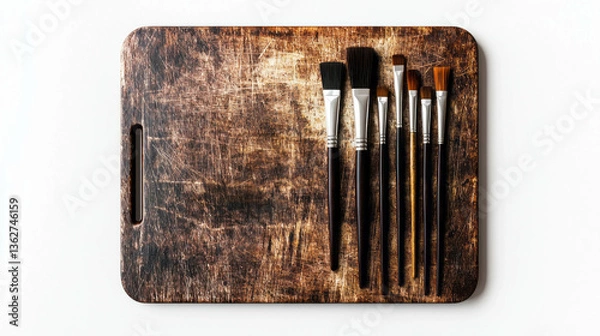 Fototapeta Rustic cutting board with assorted paintbrushes for art and craft inspiration