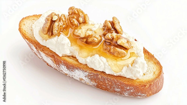 Fototapeta Greek walnut and goat cheese on rustic bread with honey