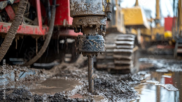 Fototapeta Close up of a drilling machine working in muddy conditions with a yellow vehicle in the background
