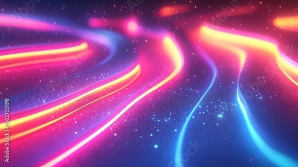 Fototapeta Abstract Neon Wave Background: Vibrant Pink, Orange, and Blue Glowing Lines with Sparkling Particles