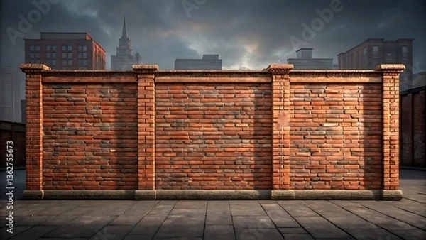 Obraz A weathered brick wall stands tall against a cityscape, a silent sentinel in a moody urban landscape under a dramatic sky.