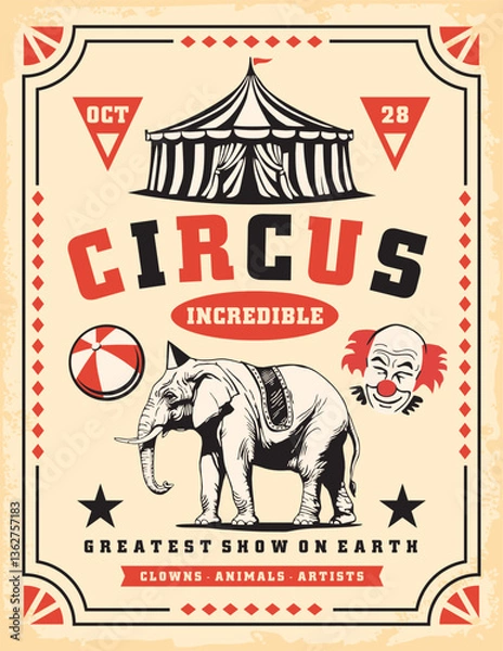 Obraz Retro circus poster design with circus tent, clown graphic and elephant. Entertainment show vintage vector flyer.