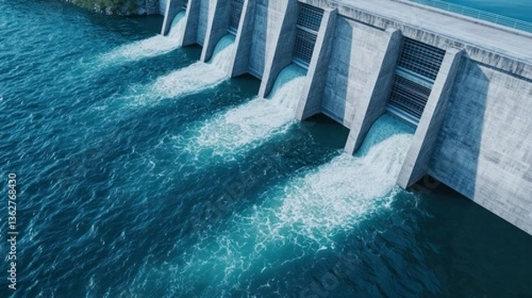 Fototapeta Dynamic aerial view of hydroelectric power generation in natural river settings a sustainable energy concept
